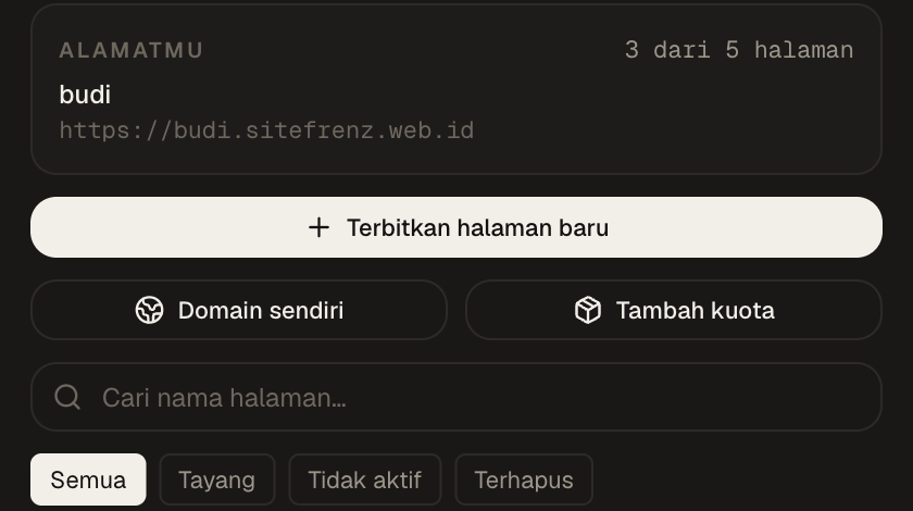 Layar Situs di panel SiteFrenz: alamat budi.sitefrenz.web.id, tombol terbitkan halaman baru, domain sendiri, dan tambah kuota