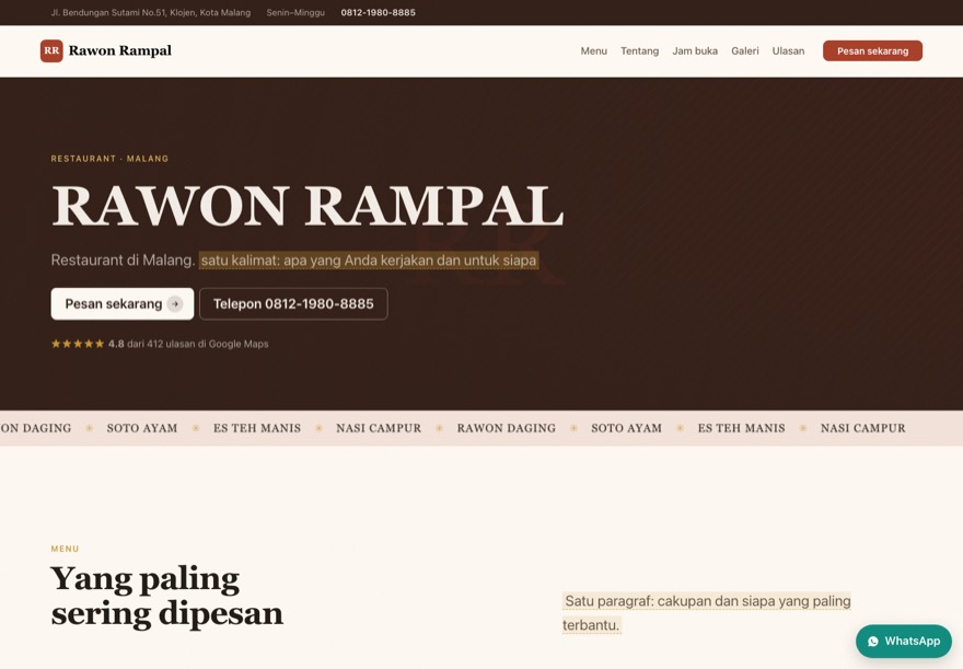 Halaman rumah makan yang dihasilkan SiteFrenz, lengkap dengan menu berharga
