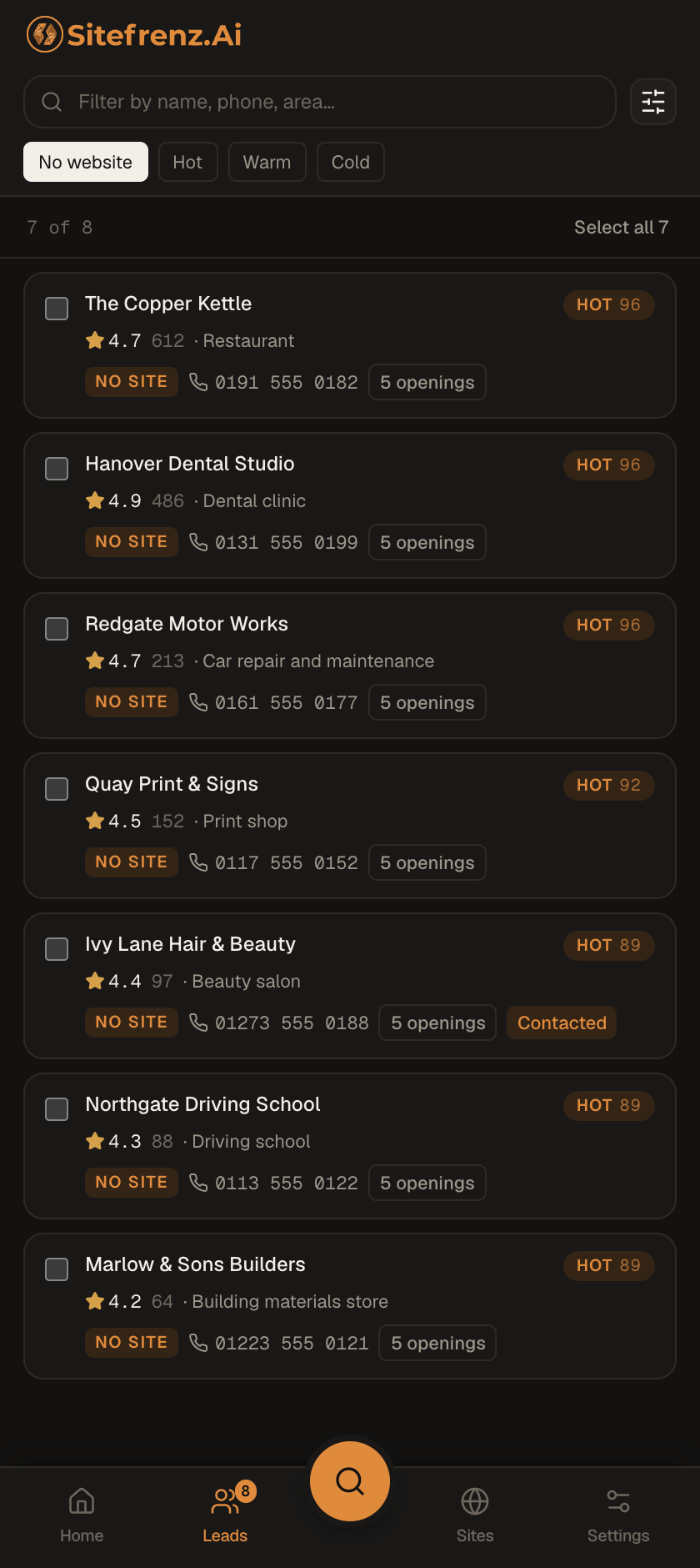 The SiteFrenz panel in Chrome, listing businesses with no website, each with a score and a phone number