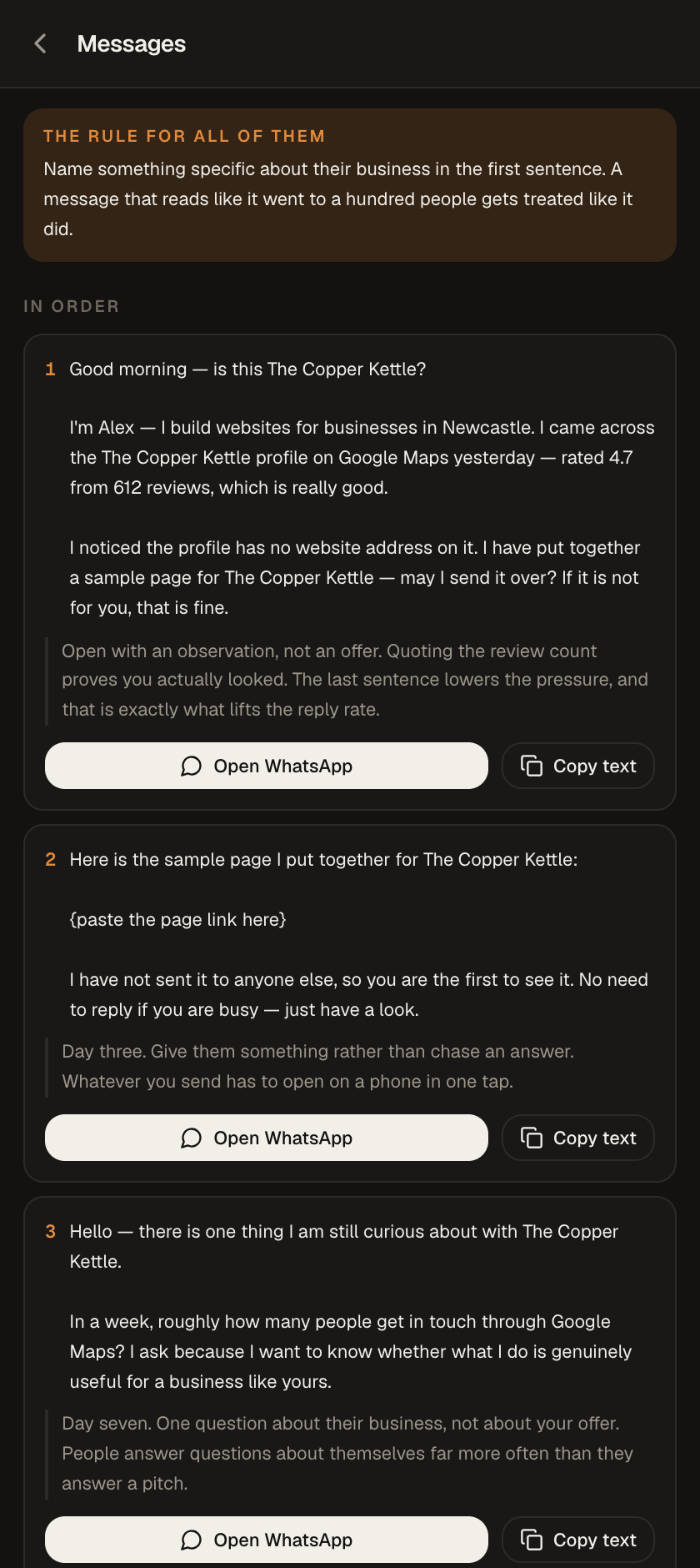 The WhatsApp message screen in the SiteFrenz panel, already filled in with the business name and details, ready to send