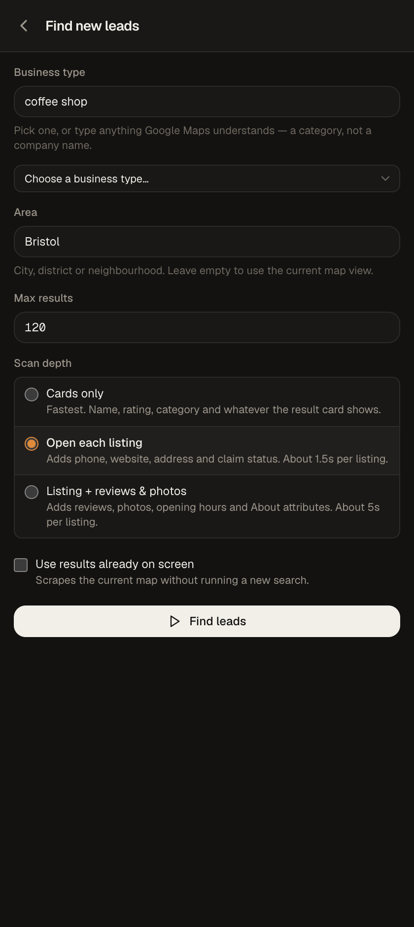 The SiteFrenz search screen, with fields for business type, area, and scan depth