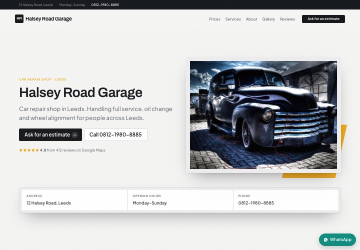 Example page for Halsey Road Garage using the Price first design