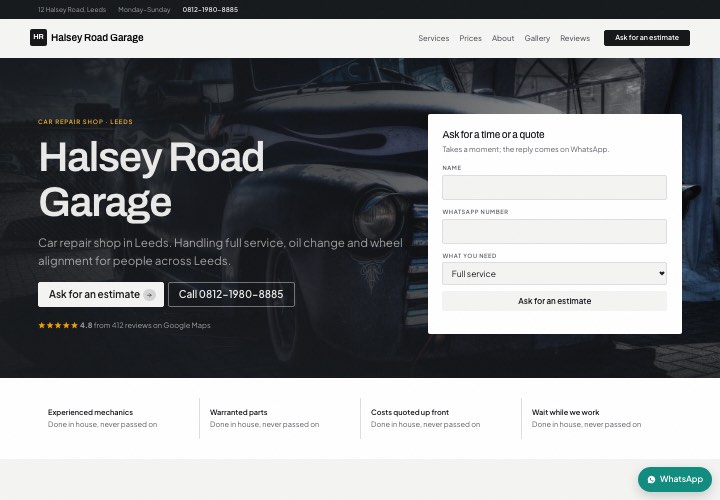 Example page for Halsey Road Garage using the Form in the hero design