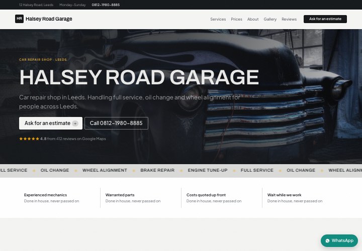 Example page for Halsey Road Garage using the Dark stage design