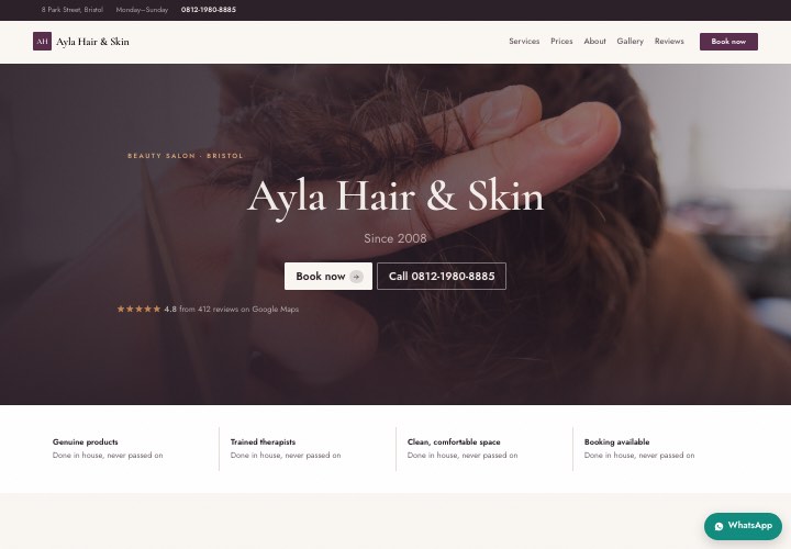 Example page for Ayla Hair & Skin using the Luxe salon design