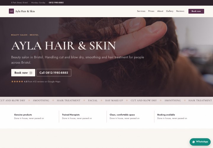 Example page for Ayla Hair & Skin using the Dark stage design