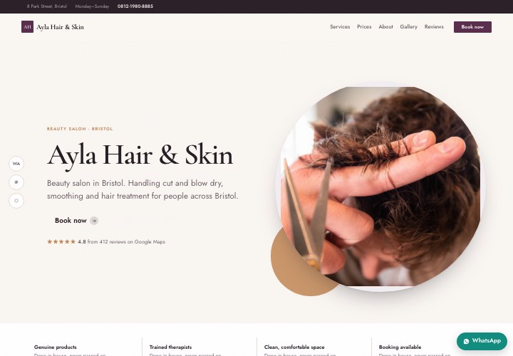 Example page for Ayla Hair & Skin using the Person up front design