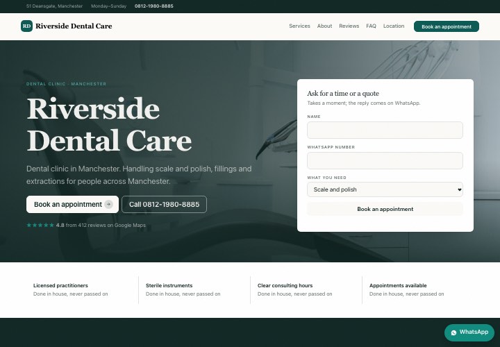Example page for Riverside Dental Care using the Form in the hero design