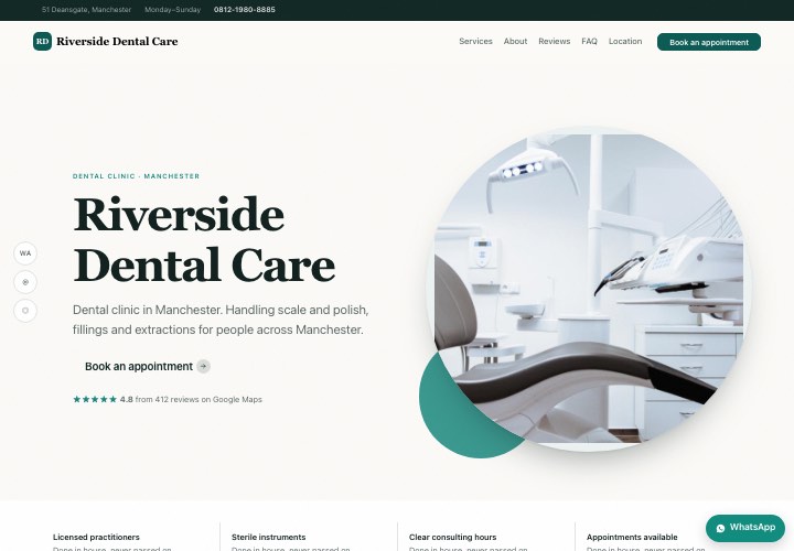 Example page for Riverside Dental Care using the Person up front design