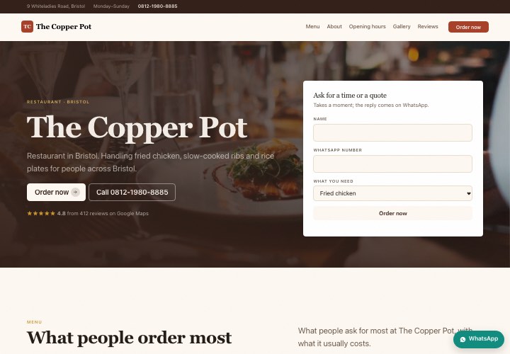 Example page for The Copper Pot using the Form in the hero design