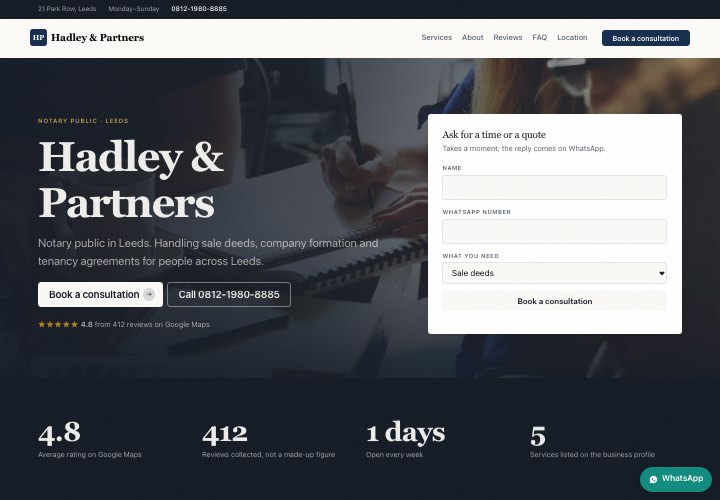 Example page for Hadley & Partners using the Form in the hero design