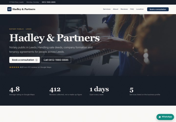 Example page for Hadley & Partners using the Established practice design