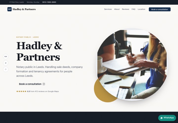 Example page for Hadley & Partners using the Person up front design