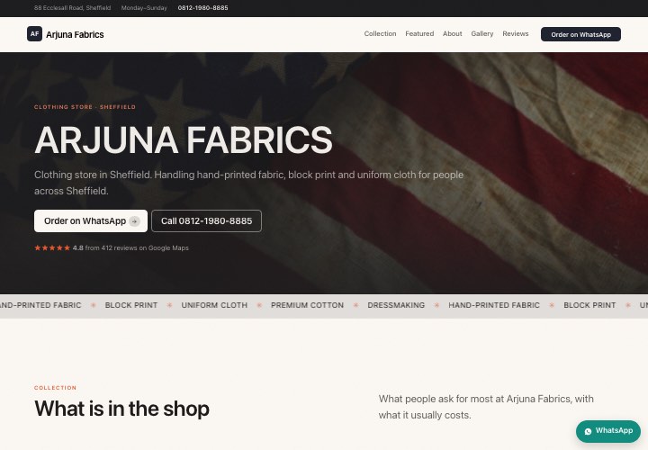 Example page for Arjuna Fabrics using the Dark stage design