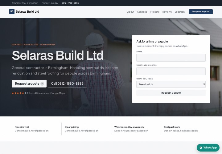 Example page for Selaras Build Ltd using the Form in the hero design